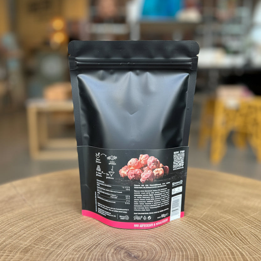 Pottkorn Berry White Gourmet-Popcorn 80 g mit weißer Schokolade, Himbeeren und Zuckerstreuseln – handgemachtes Popcorn aus dem Ruhrgebiet.