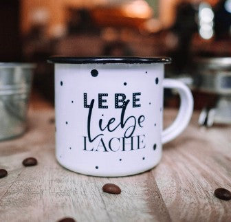 Emaille Tasse Heldenglück Lebe Liebe Lache