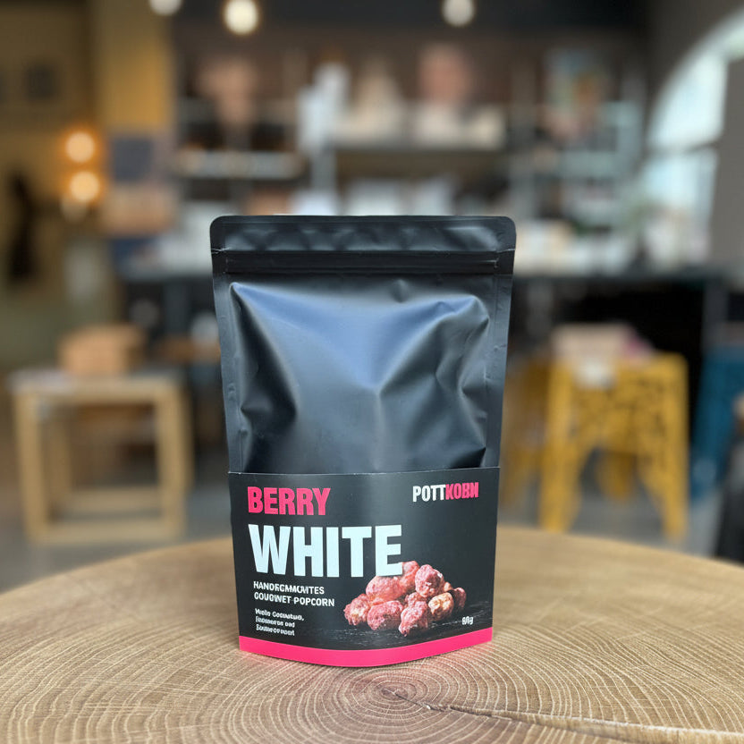 Pottkorn Berry White Gourmet-Popcorn 80 g mit weißer Schokolade, Himbeeren und Zuckerstreuseln – handgemachtes Popcorn aus dem Ruhrgebiet.