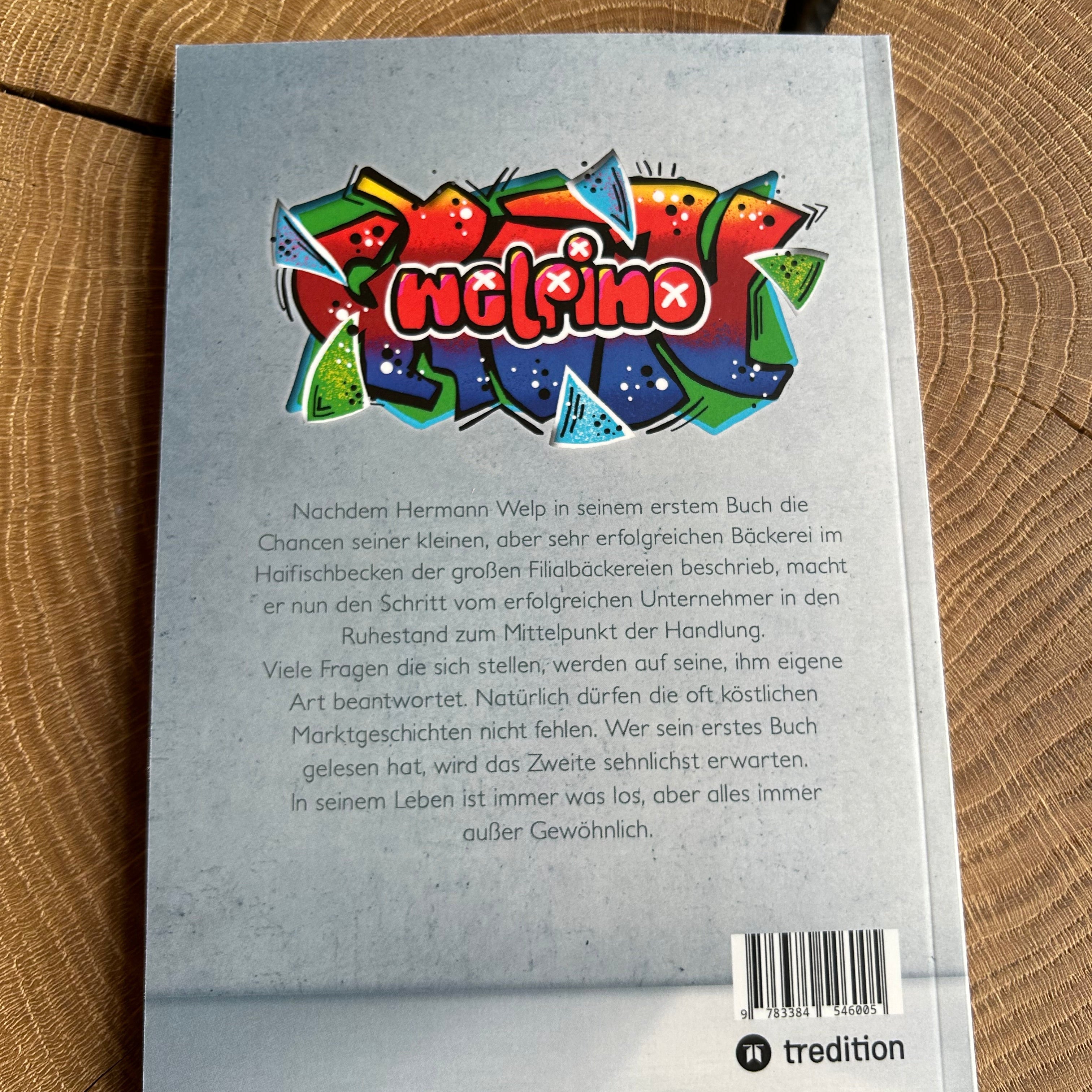 Buch Alles Ausser Gewöhnlich von Hermann Welp Rückseite, liegt auf einem Holztisch