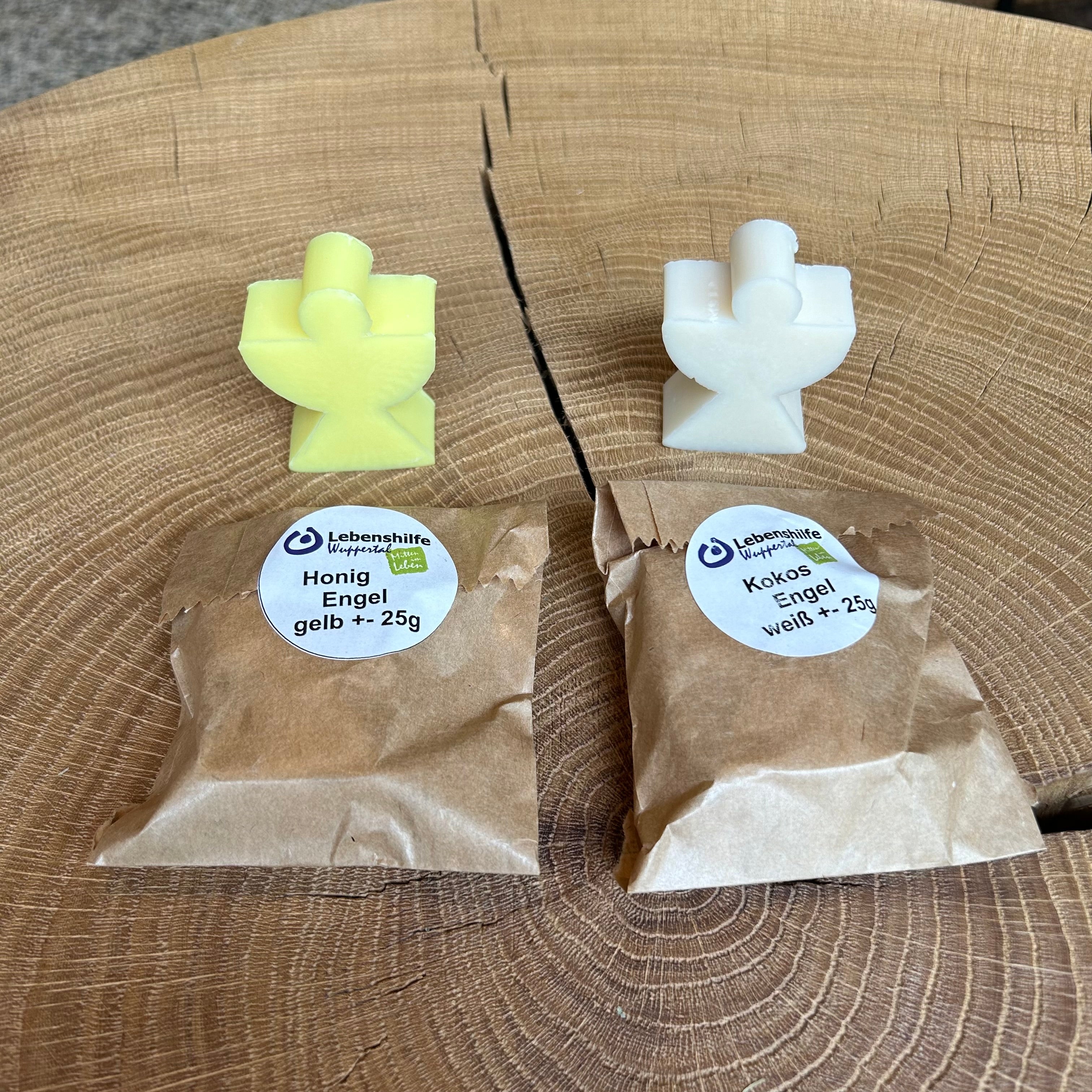 Handgemachte Engel Seife mit Honig oder Kokos von Lebenshilfe Witten, natürliche Pflege-Seife in Engel-Form, ca. 25g, ideal als Geschenk oder für empfindliche Haut, nachhaltig verpackt in Papierbeutel.