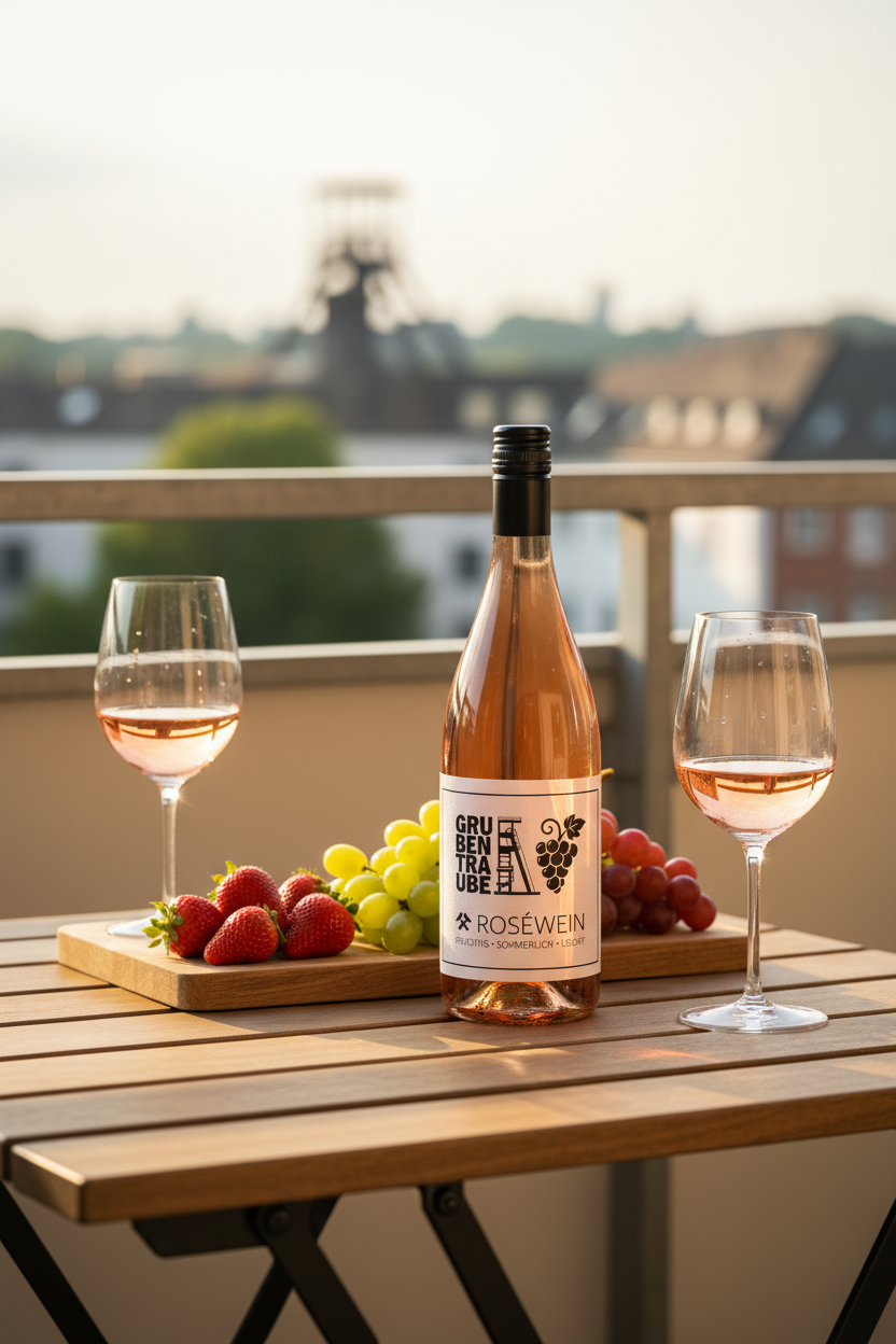 Grubentraube Roséwein auf einem sonnigen Balkon im Ruhrgebiet – fruchtig-trockener veganer Qualitätswein aus der Pfalz, perfekt als Aperitif für entspannte Sommerabende