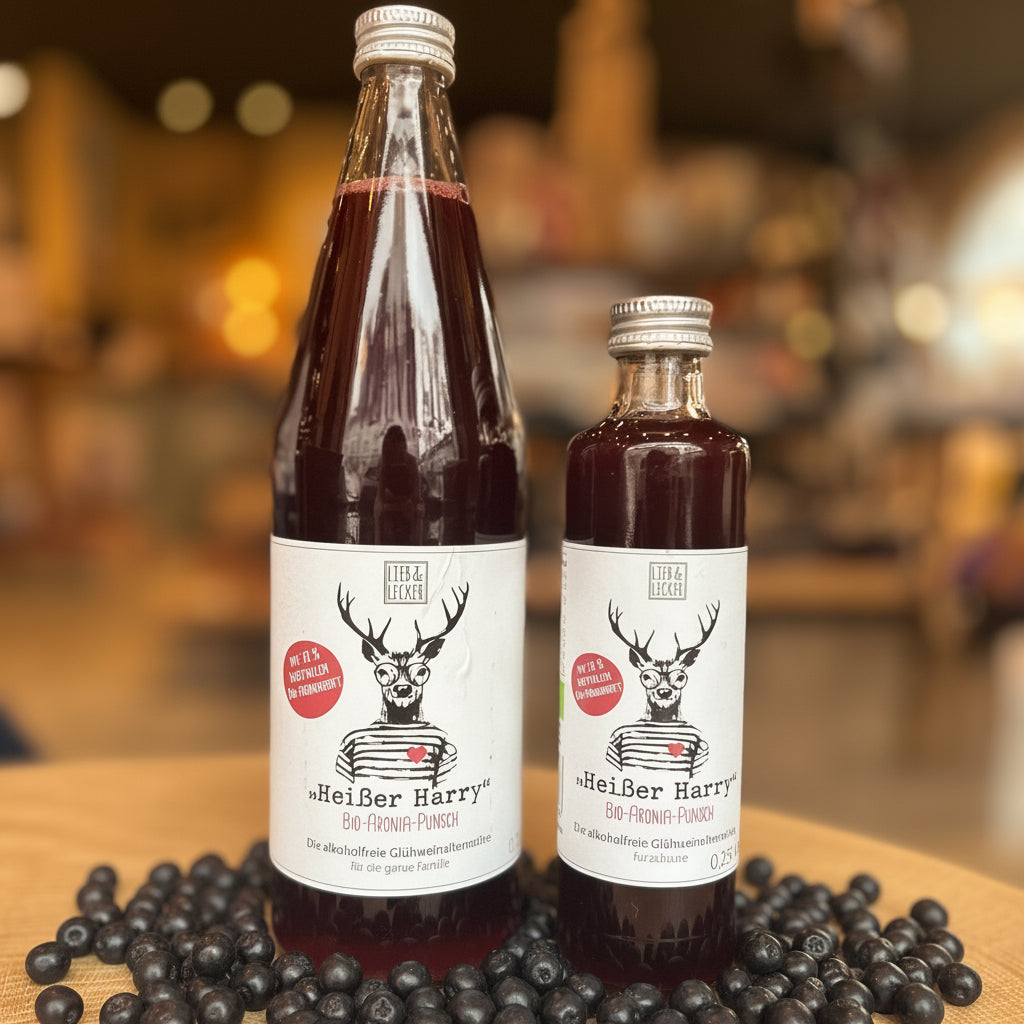 Zwei Flaschen „Heißer Harry“ Bio-Aronia-Punsch von Lieb & Lecker auf einem Holztisch. Eine große 0,75-l-Flasche und eine kleine 0,25-l-Flasche stehen nebeneinander. Alkoholfreie Glühwein-Alternative mit Aronia und winterlichen Gewürzen – ideal für Weihnachten, Winterzeit und Familien.