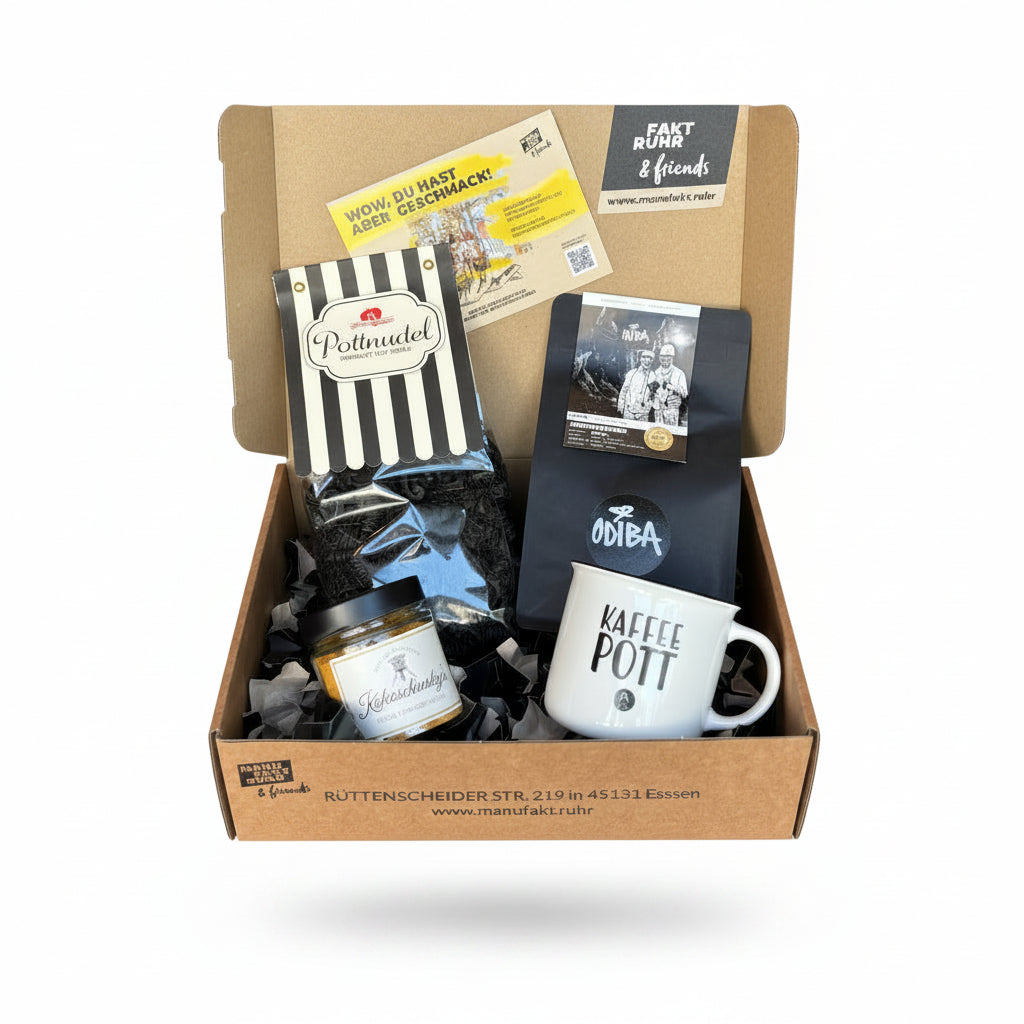 Regionale Geschenkbox aus dem Ruhrgebiet mit Kaffee, Pottnudeln, Gewürz und Kaffeebecher von Manufaktruhr & Friends aus Essen.