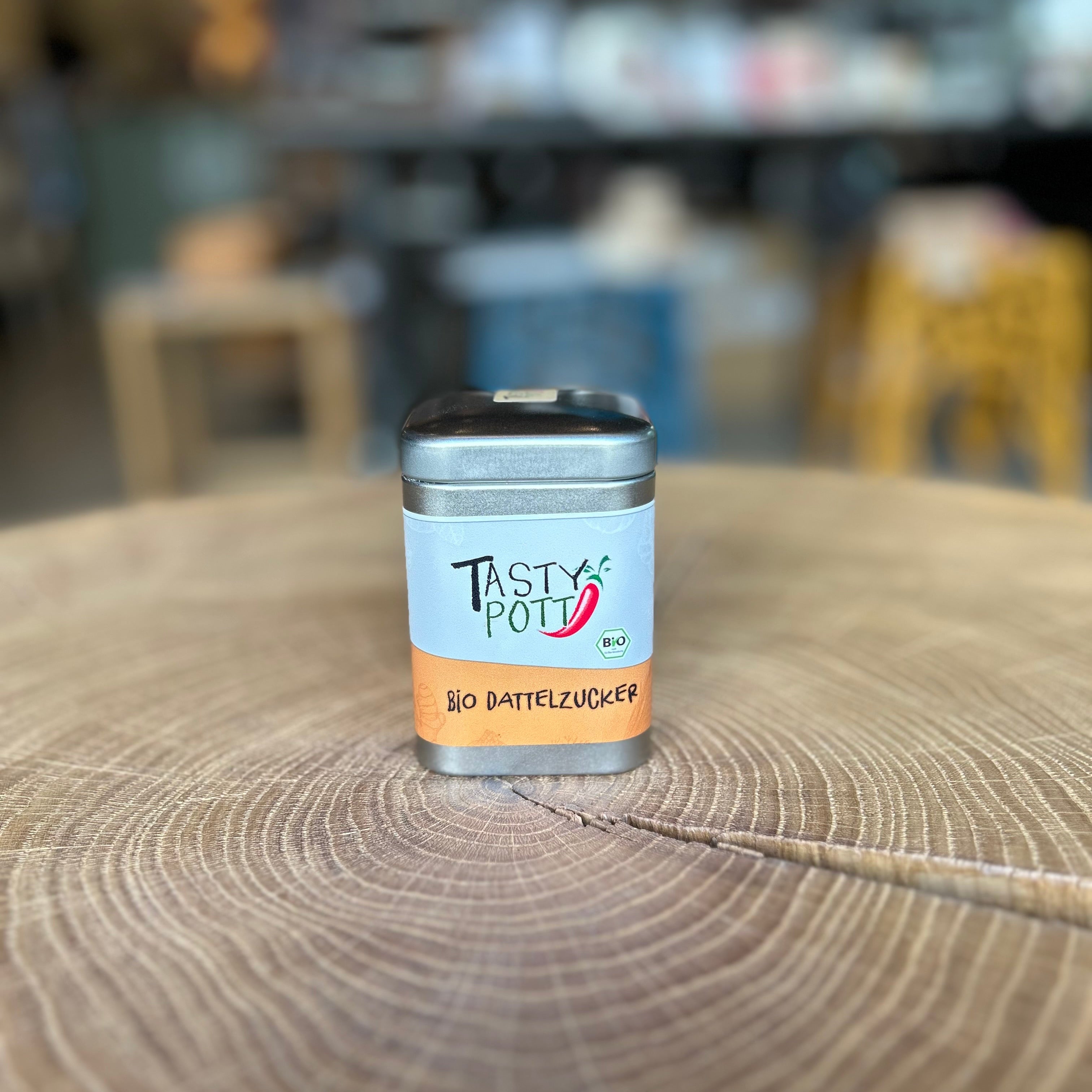 Tasty Pott Bio Dattelzucker in der Metalldose – natürliche Zuckeralternative aus Datteln in Bio-Qualität von Tasty Pott aus Essen.