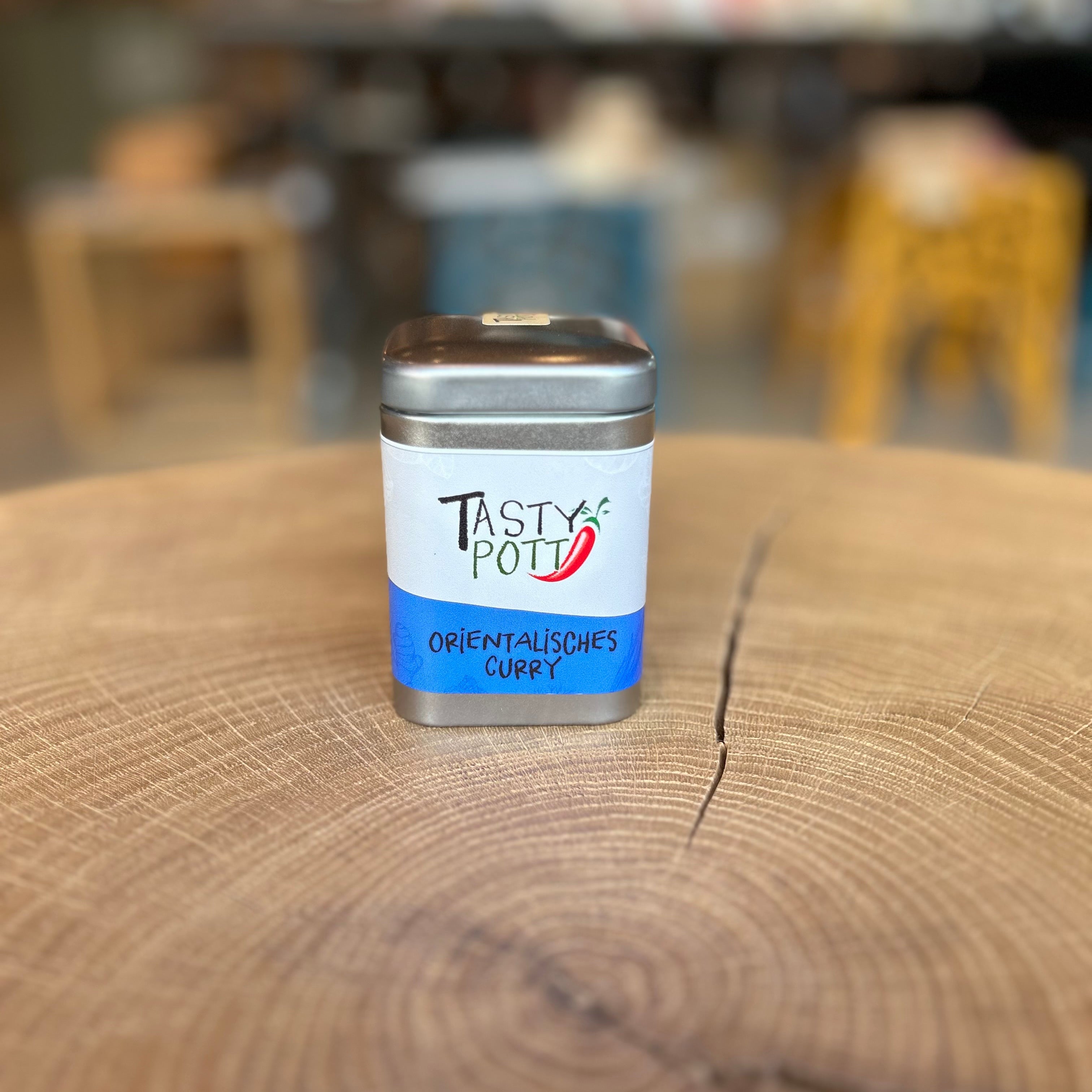 Tasty Pott Orientalisches Curry Gewürzmischung in der Metalldose – aromatisches Currygewürz von Tasty Pott aus Essen für orientalische Gerichte.