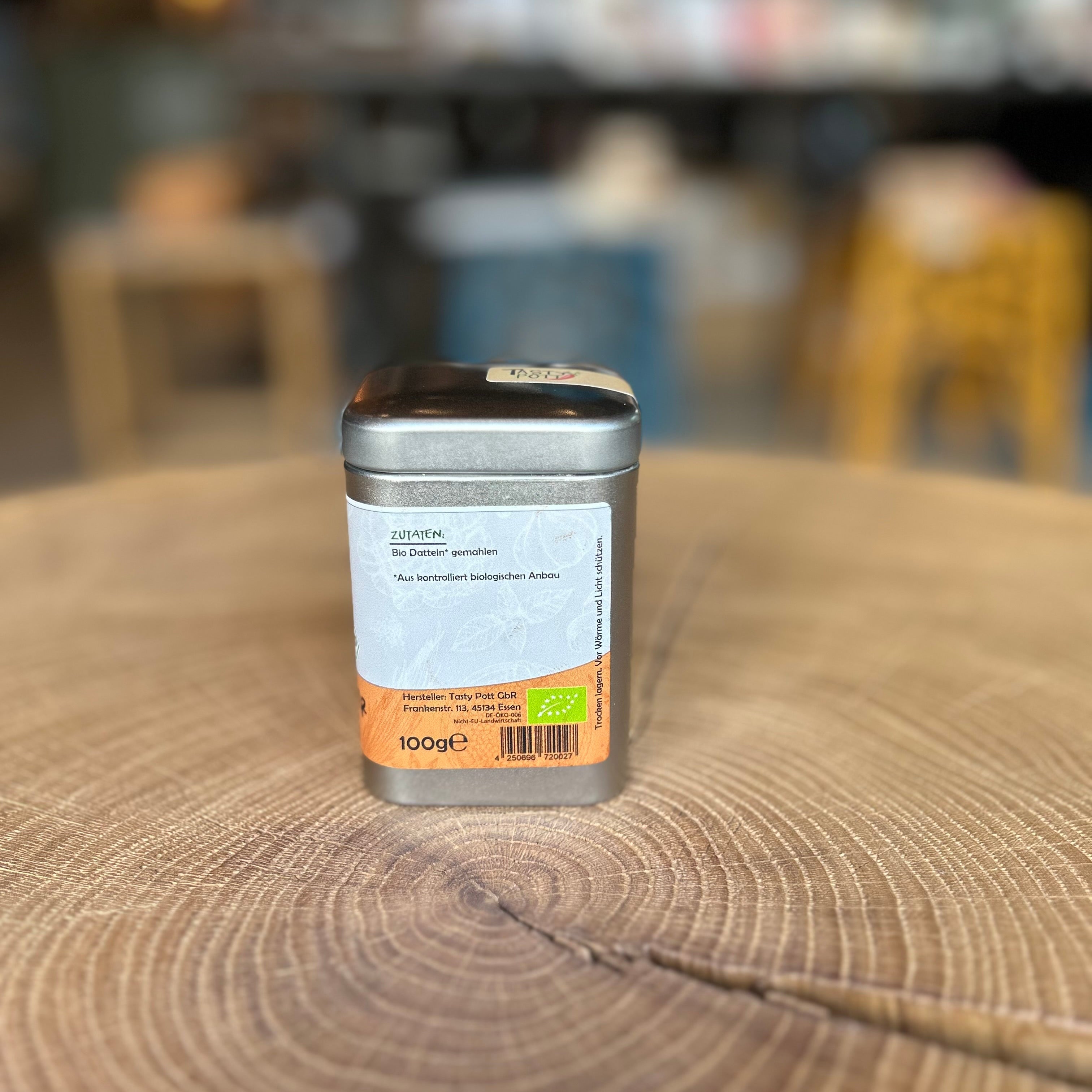 Tasty Pott Bio Dattelzucker in der Metalldose – natürliche Zuckeralternative aus Datteln in Bio-Qualität von Tasty Pott aus Essen.