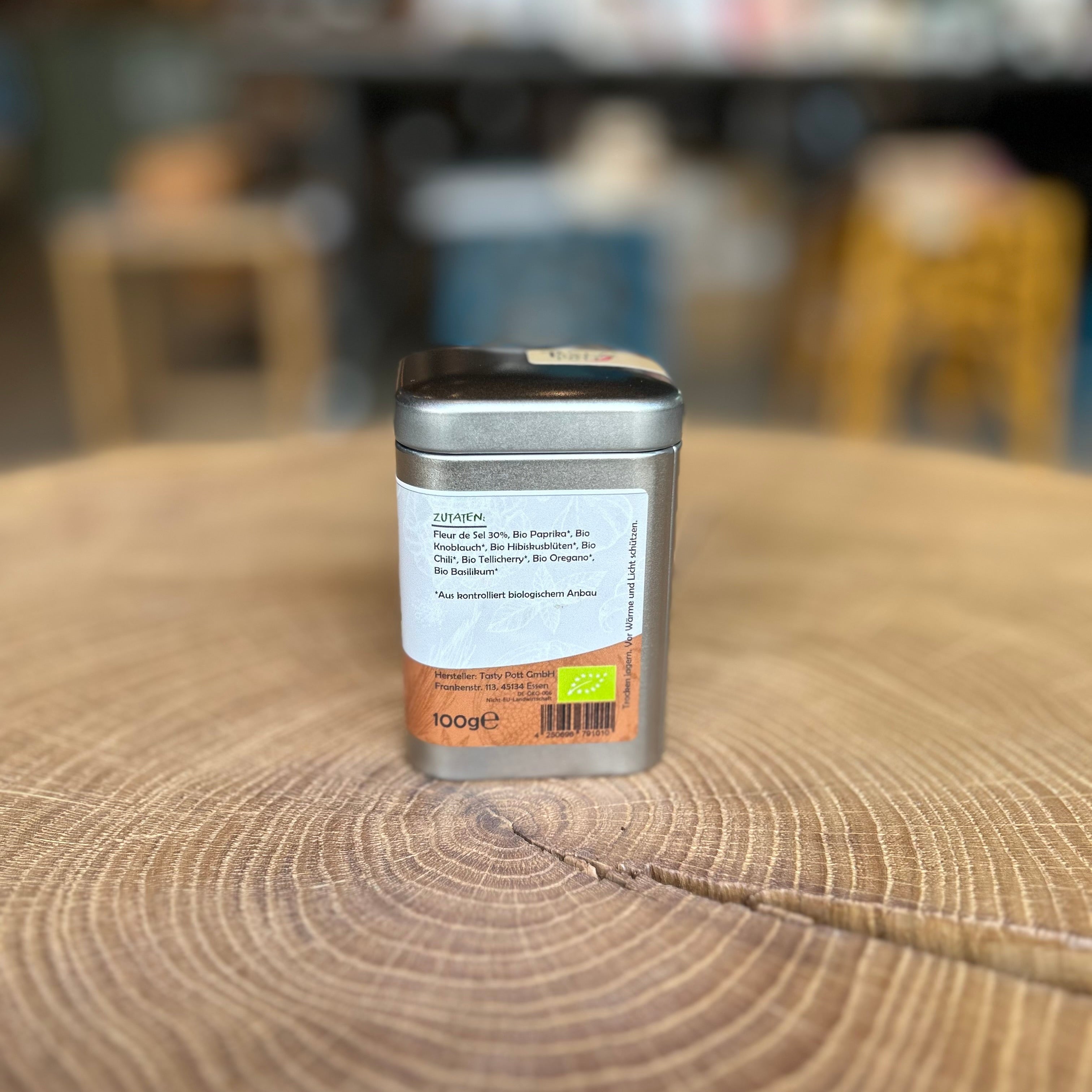 Tasty Pott Bio BBQ Spicy Rub in der Metalldose – würzige Bio BBQ Gewürzmischung zum Grillen und Würzen von Fleisch und Gemüse.