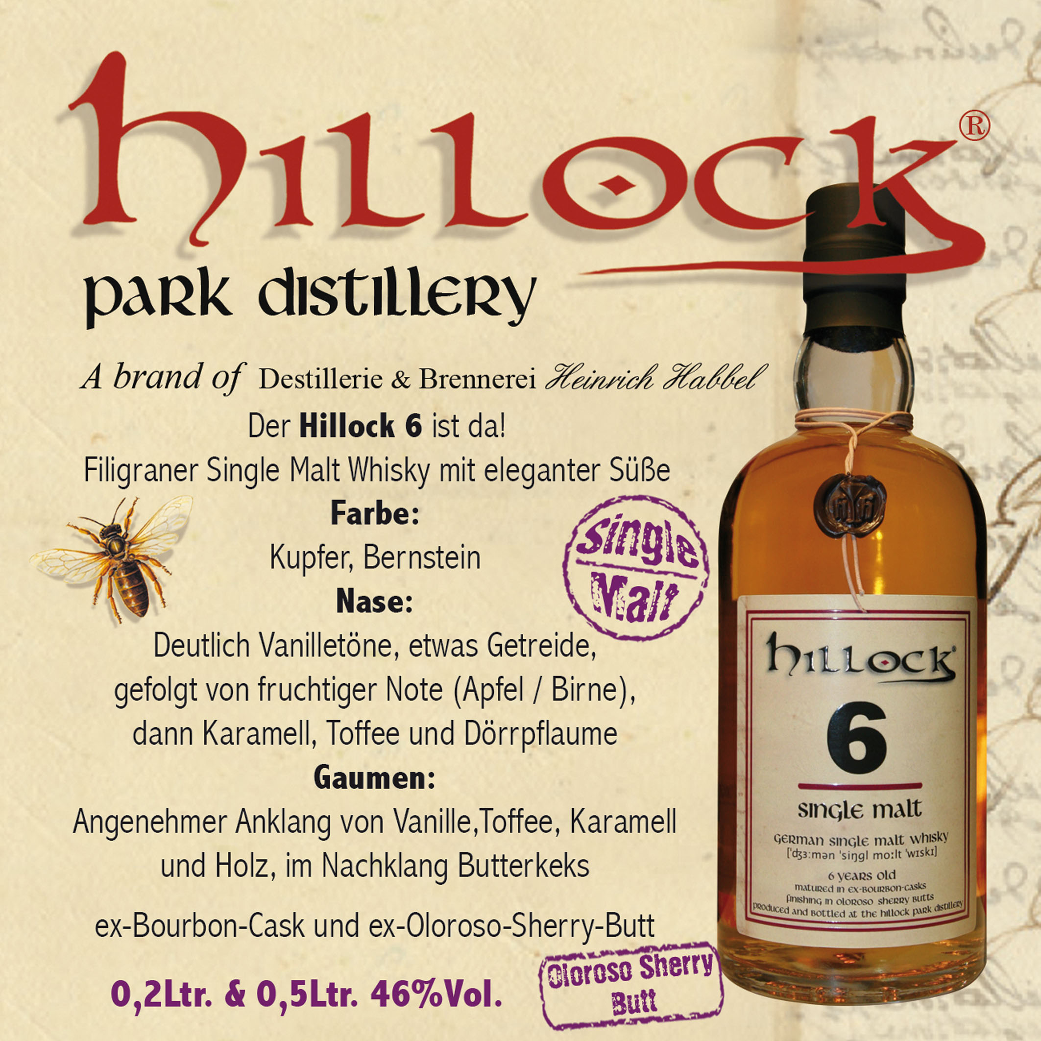 Hillock 6, Single Malt Whisky  (46% vol)